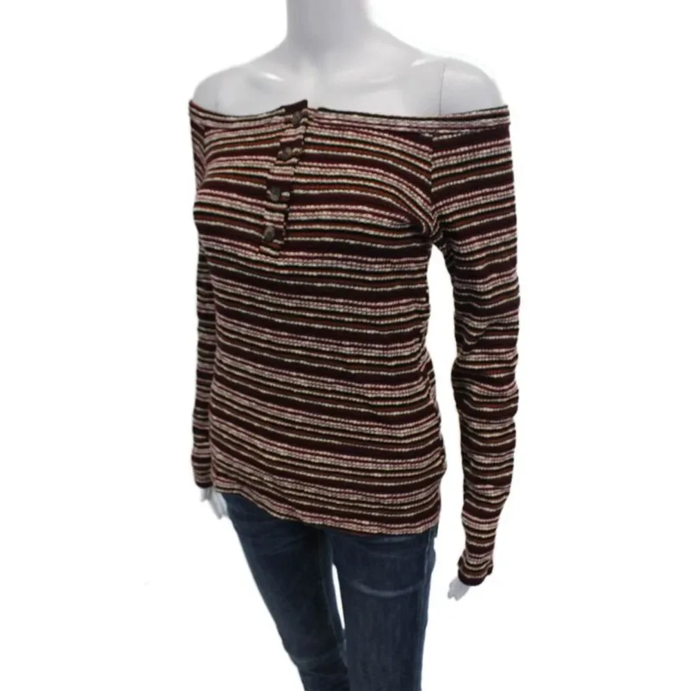Project Social T Womens Long Sleeve Scoop Neck Striped Sweater Red White Medium